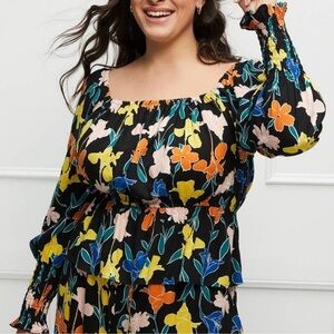 Eloquii Top Womens 14/16 Peasant Boho Babydoll Balloon Sleeve Stretch Milkmaid